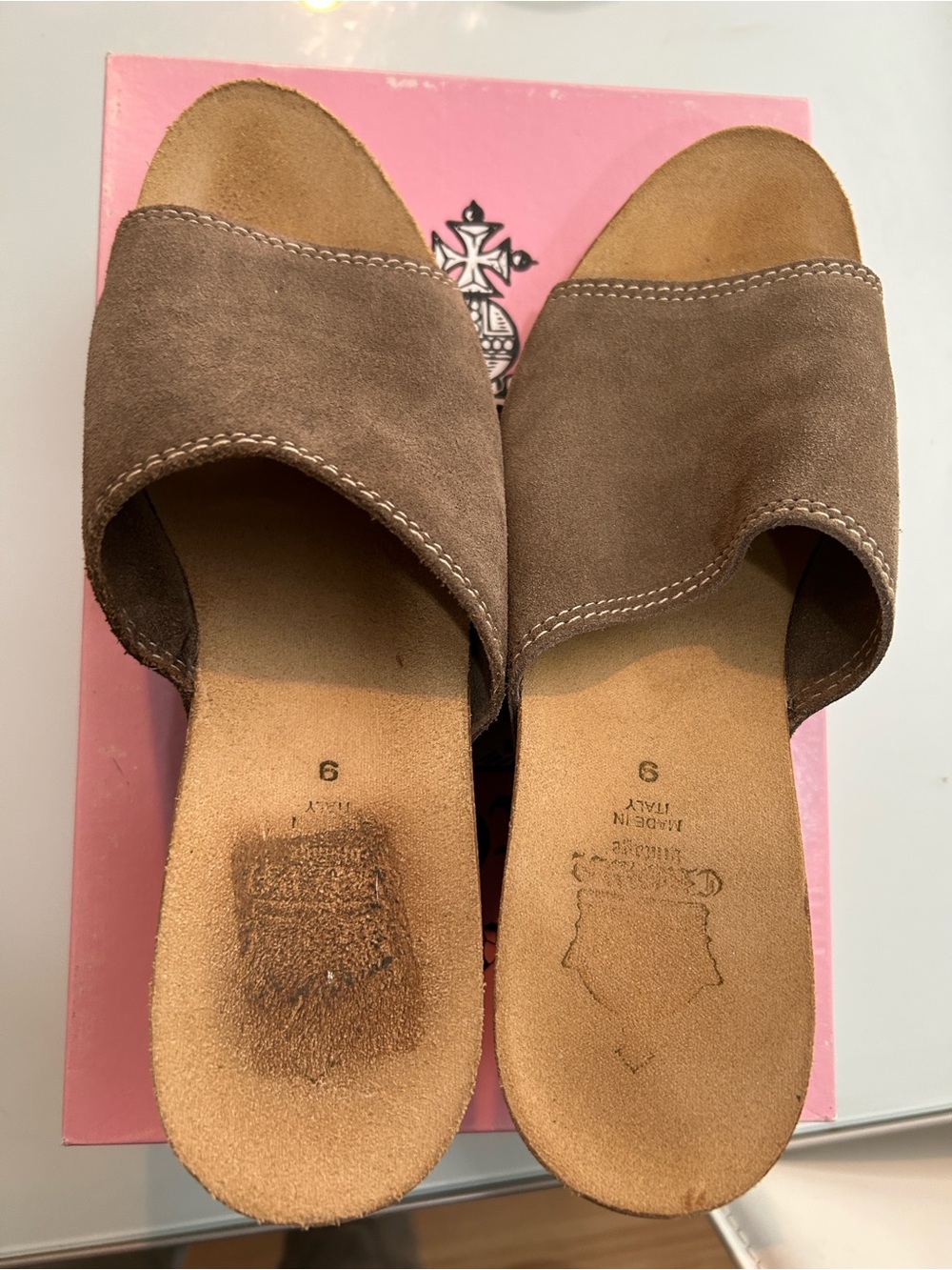 Crown Vintage Taupe Suede Slide wedges